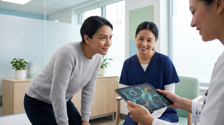 Médecin expliquant un diagnostic à deux femmes en salle d'examen, montrant des cellules microscopiques sur une tablette.