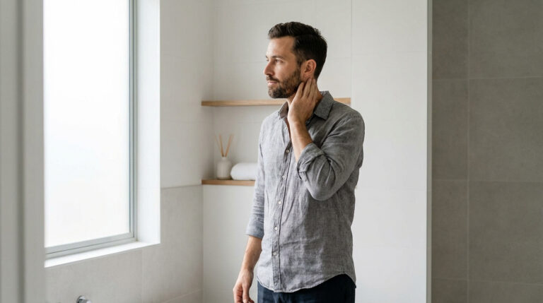 Un homme barbu et pensif, la main au cou, dans une salle de bain moderne.