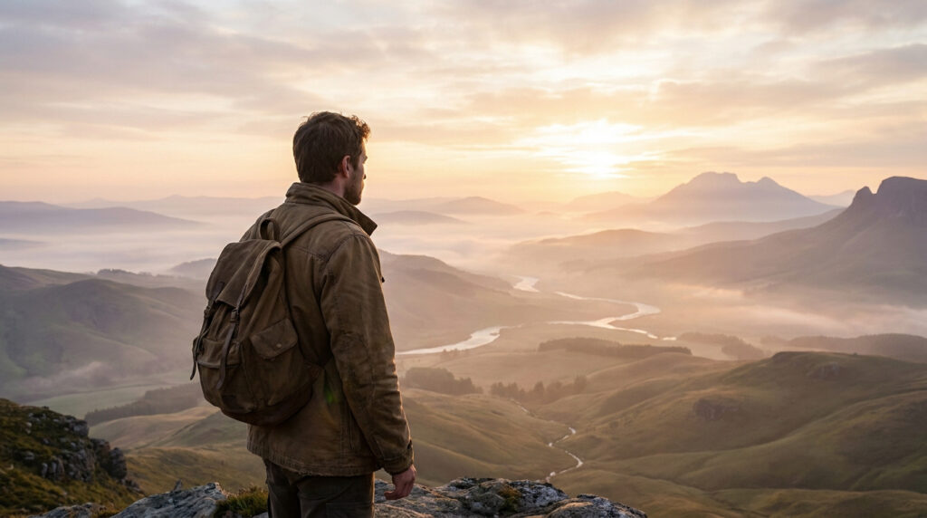 Un homme avec un sac à dos admire un vaste paysage montagneux brumeux au lever du soleil, avec une rivière sinueuse.