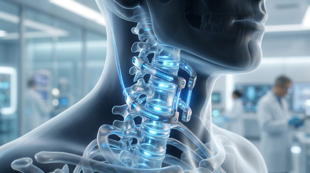 Illustration 3D du rachis cervical avec un implant de cage C5-C6 lumineux, montrant l'arthrodèse sur fond médical flou.