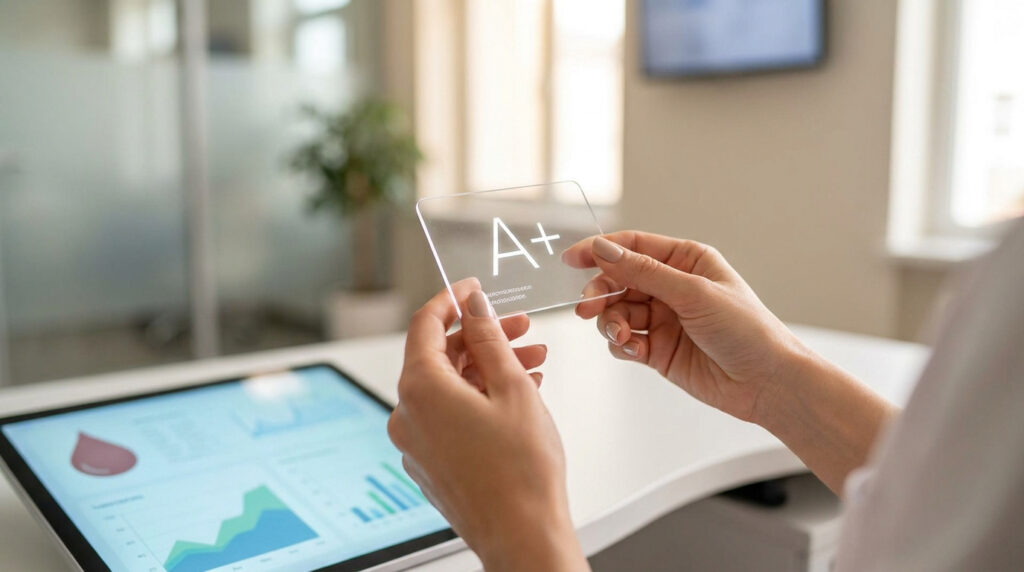 Deux mains tiennent une carte transparente affichant "A+", un groupe sanguin. Un écran de tablette avec des graphiques médicaux est en premier plan.