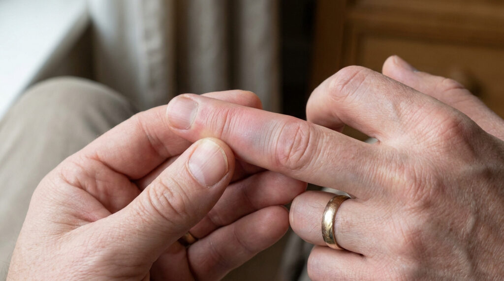 Gros plan sur deux mains examinant un doigt enflé et bleuté, signe d'une entorse. Une alliance est visible sur l'autre main.
