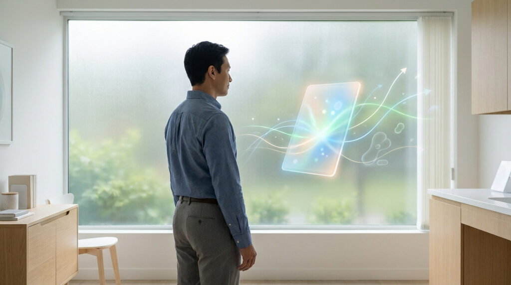 Un homme contemple une interface lumineuse flottante aux flèches ascendantes, symbolisant le progrès et l'espoir face à la maladie.
