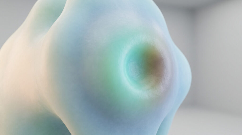 Représentation abstraite d'une forme organique bleu-vert avec une dépression sombre au centre, suggérant un polype ou une lésion.