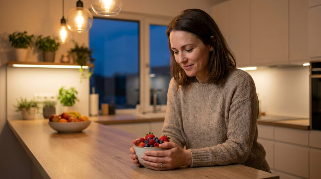 Femme souriante tenant un bol de fruits rouges variés dans une cuisine moderne et chaleureuse. Repas léger du soir.