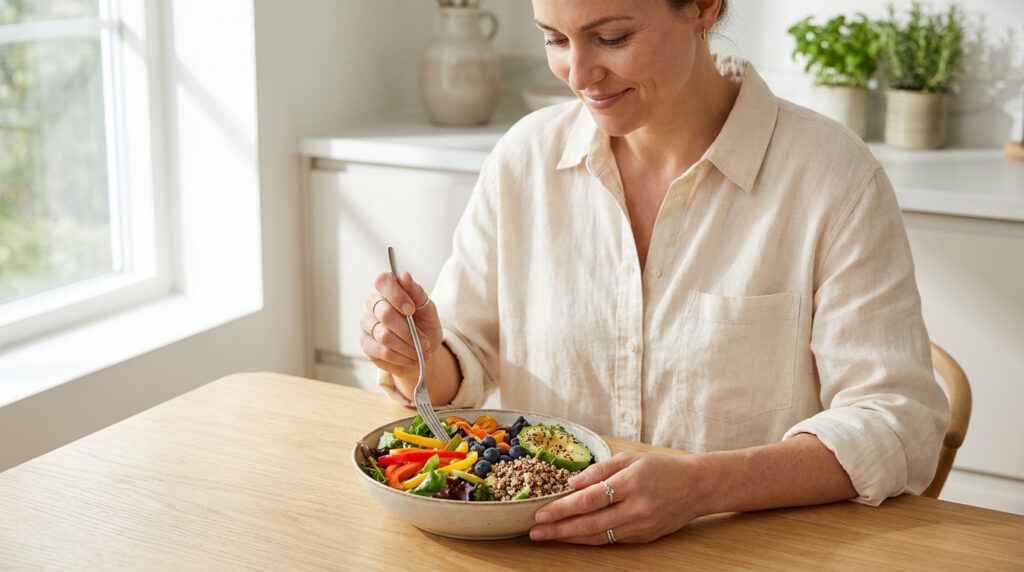 Une femme souriante mange une salade colorée avec quinoa et avocat à une table en bois près d'une fenêtre.
