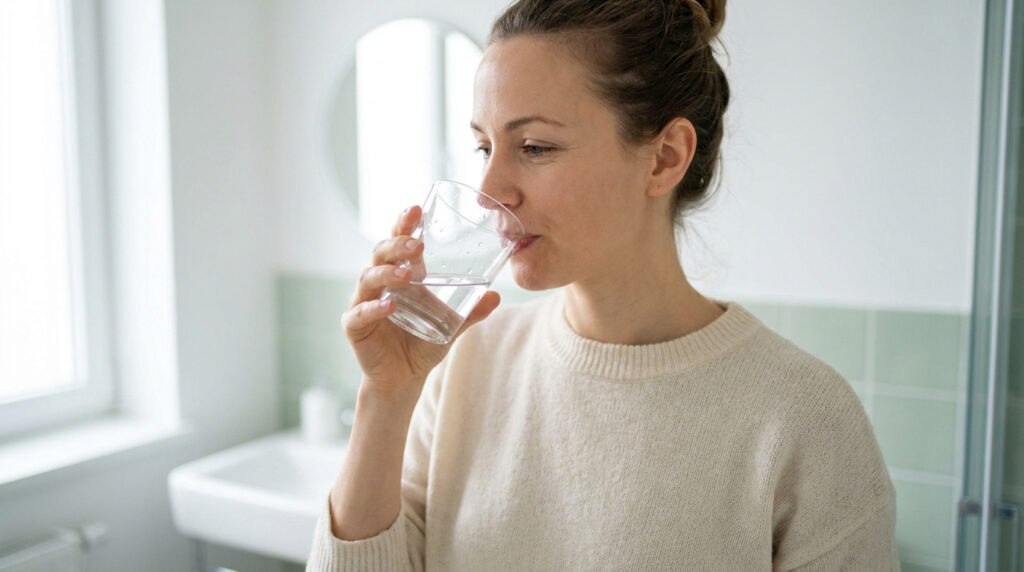 Une femme aux cheveux attachés boit un verre d'eau claire dans une salle de bain lumineuse.