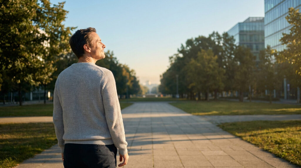 Homme souriant de dos, levant les yeux vers le ciel dans une allée de parc ensoleillée, symbolisant l'espoir.