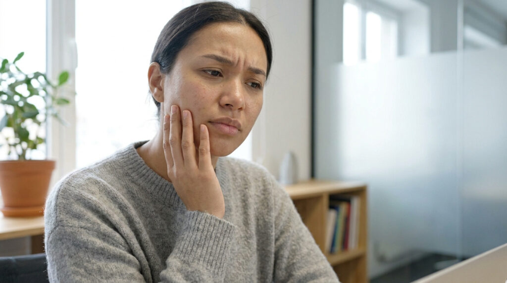 Une femme tient sa joue avec une expression de souffrance, suggérant une douleur dentaire ou buccale. Arrière-plan flou et lumineux.