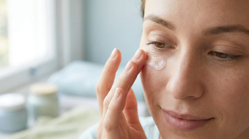Gros plan sur une femme appliquant délicatement une crème ou un gel transparent sur le contour de son œil droit. Scène de soin.