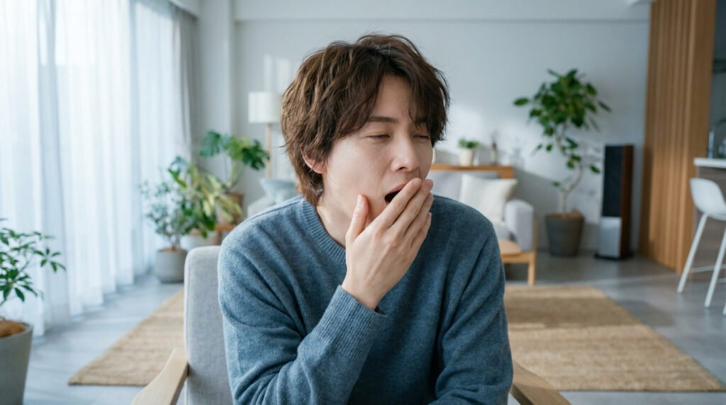 Un homme asiatique aux cheveux bruns, en pull bleu, baille, la main devant la bouche, assis dans un salon lumineux.