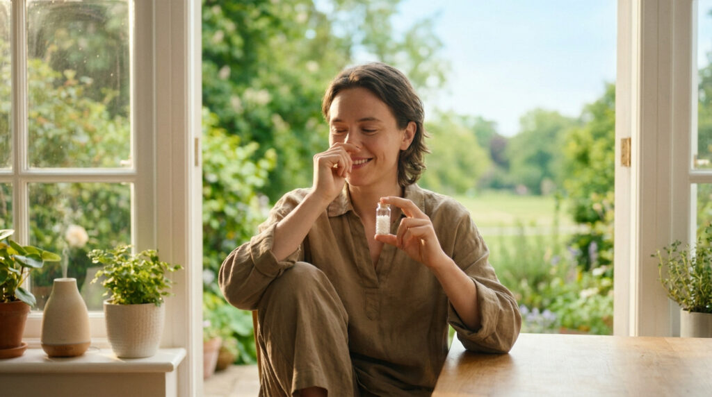 Femme souriante se pinçant le nez, tenant un flacon de granules homéopathiques, vue sur un jardin verdoyant.