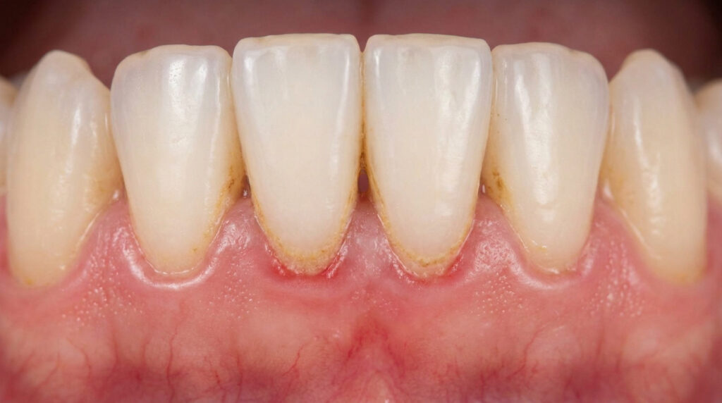 Vue rapprochée de dents inférieures avec du tartre jaune-brun à la base, et des gencives rouges enflammées entre les dents.