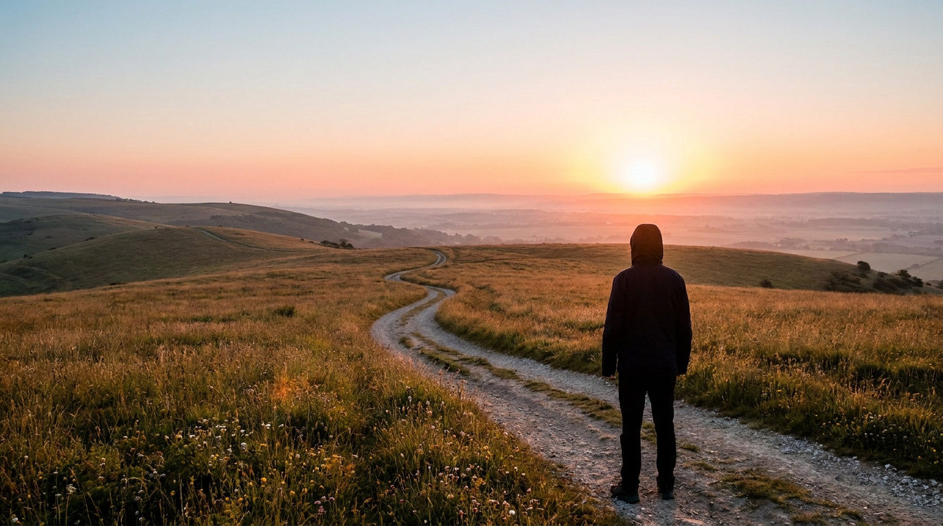 Une personne seule debout face à un sentier sinueux au coucher du soleil dans des collines dorées.
