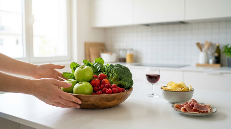 Mains tenant un bol de fruits et légumes sains devant des chips et du vin dans une cuisine lumineuse.
