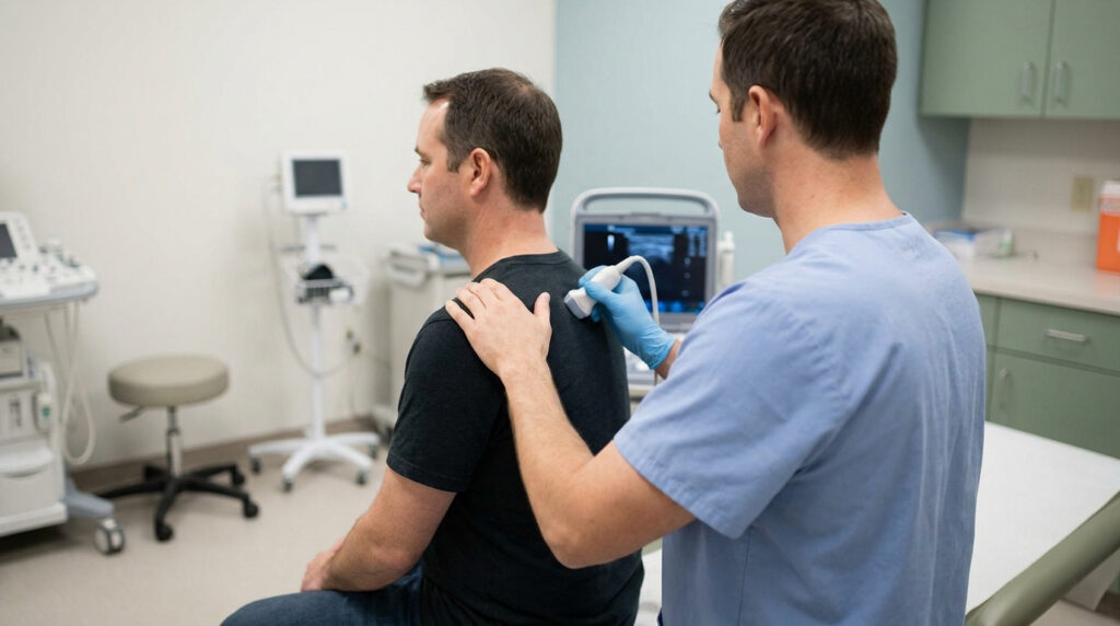 Un médecin effectuant une échographie sur l'épaule d'un patient dans un cabinet médical.