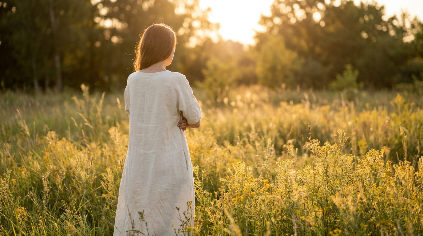 Une jeune femme en robe claire debout dans un champ de fleurs sauvages sous la lumière dorée du soleil couchant.