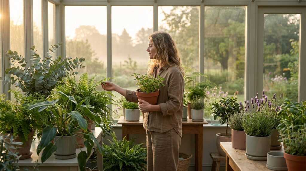 Femme tenant une plante en pot dans une serre lumineuse entourée de verdure.