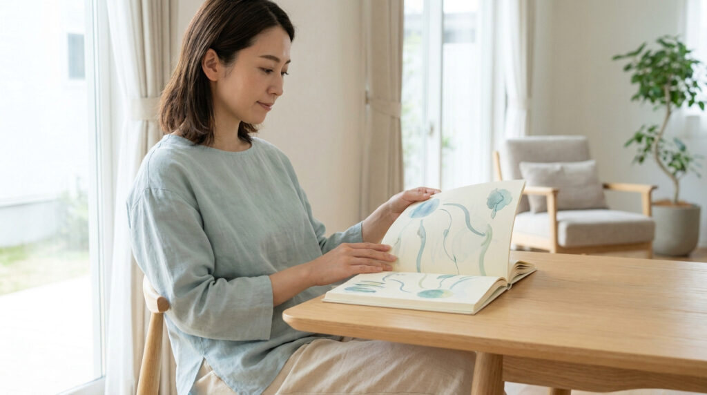 Femme sereine assise à une table en bois, feuilletant un carnet de dessins aux teintes douces dans un salon lumineux.