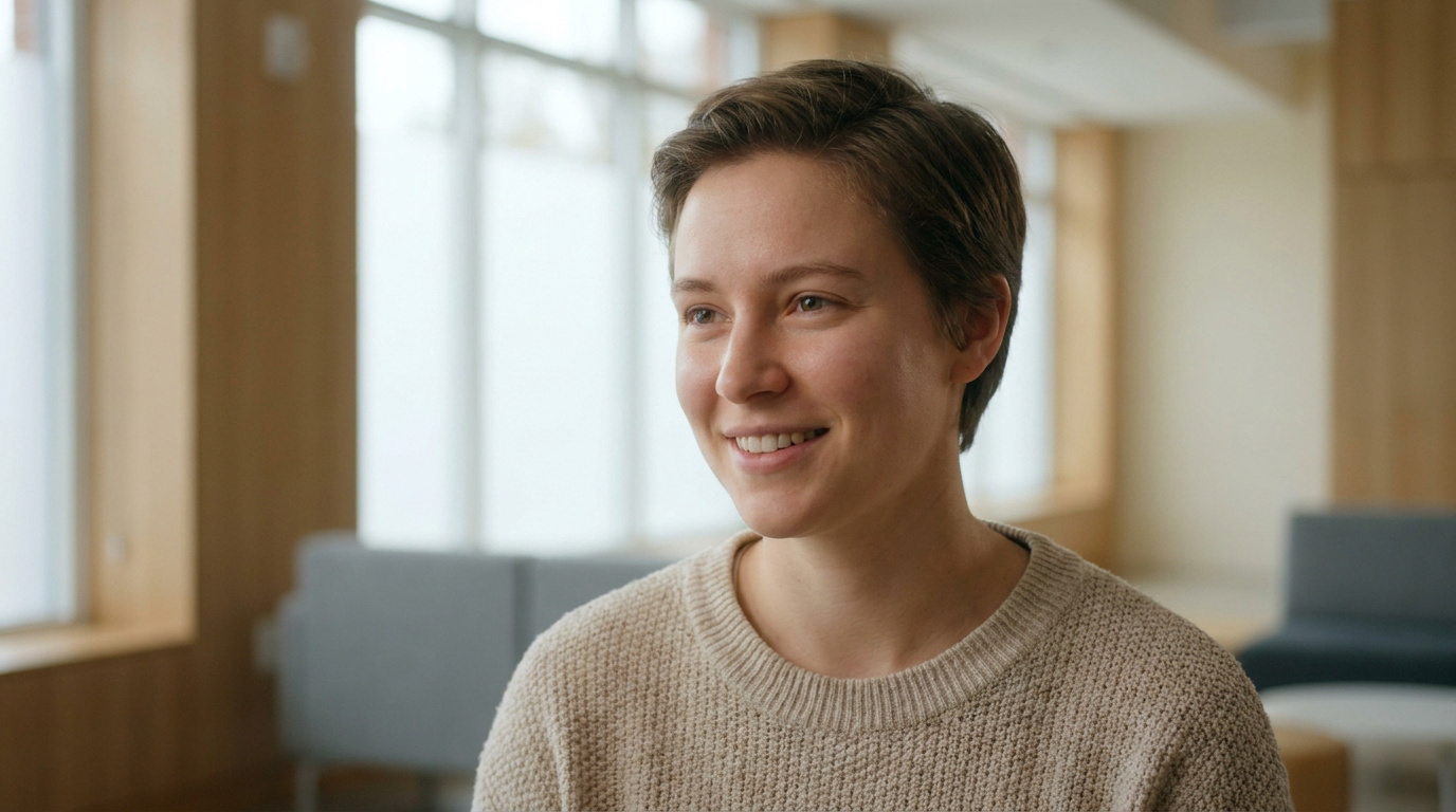 Jeune personne souriante aux cheveux courts portant un pull beige dans un intérieur lumineux.