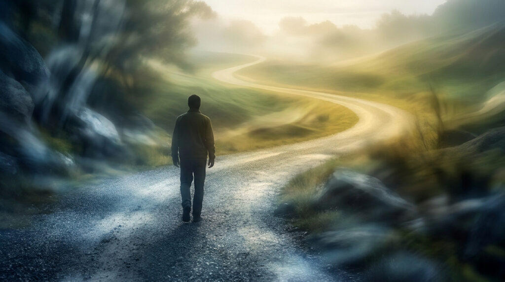 Une personne marche seule sur un chemin sinueux et brumeux vers une lumière lointaine symbolisant l'espoir.