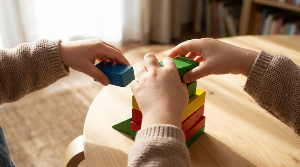 Mains d'enfant empilant des blocs de bois colorés sur une table en bois clair.
