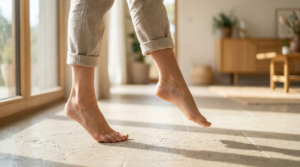 Vue latérale des pieds d'une personne marchant pieds nus sur un sol en pierre dans une pièce lumineuse.