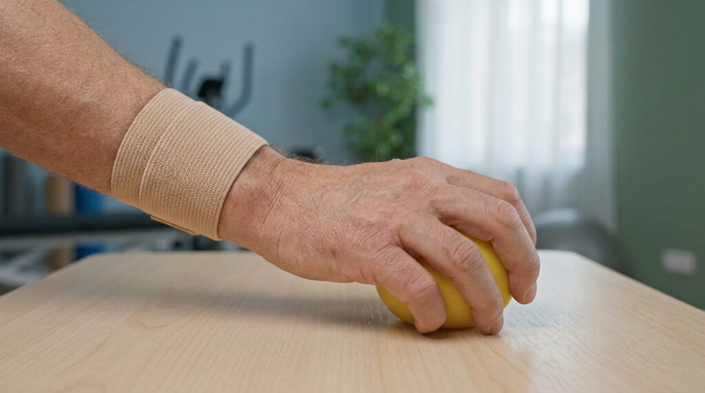 Main d'un homme portant une attelle de poignet et serrant une balle en mousse jaune pour sa rééducation.
