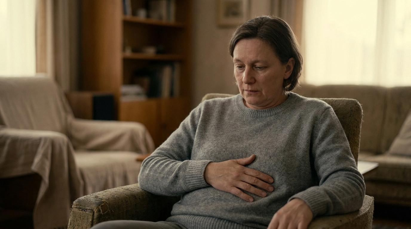 Une femme assise dans un fauteuil, la main posée sur son abdomen, avec une expression préoccupée.