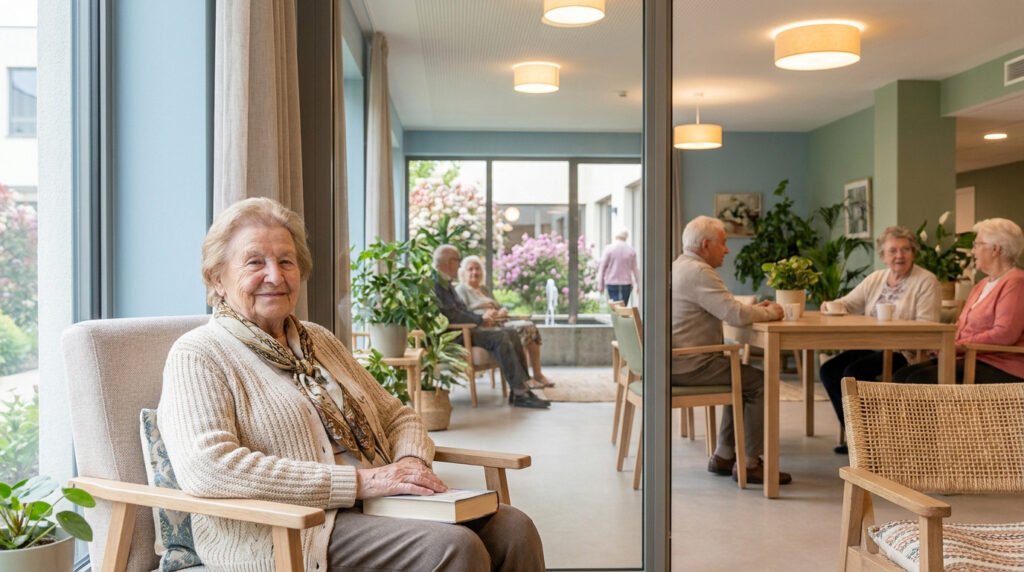 Une résidente âgée souriante assise dans un fauteuil, avec d'autres personnes socialisant en arrière-plan.