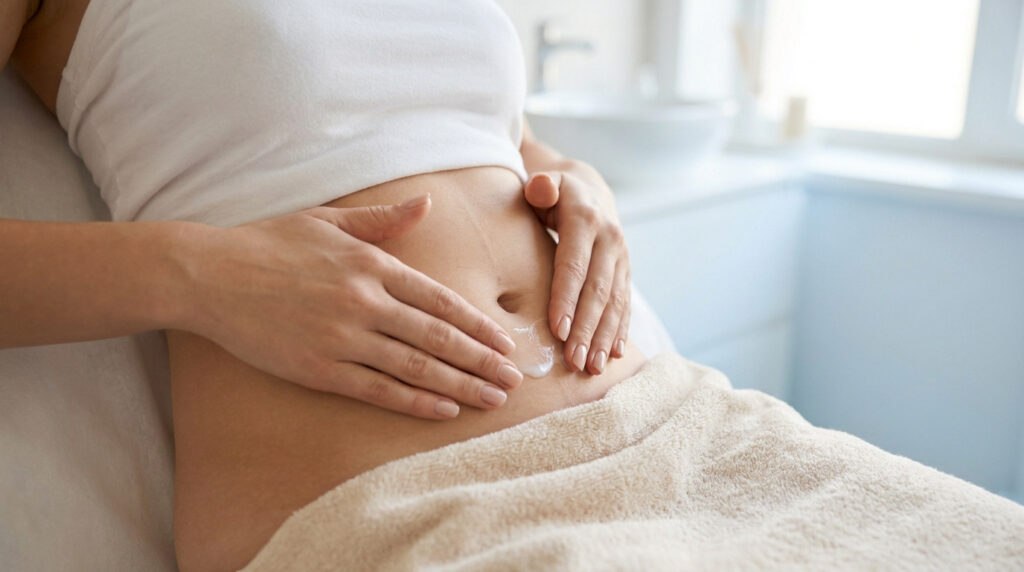 Une femme applique une crème hydratante sur une fine cicatrice verticale située sur son ventre.