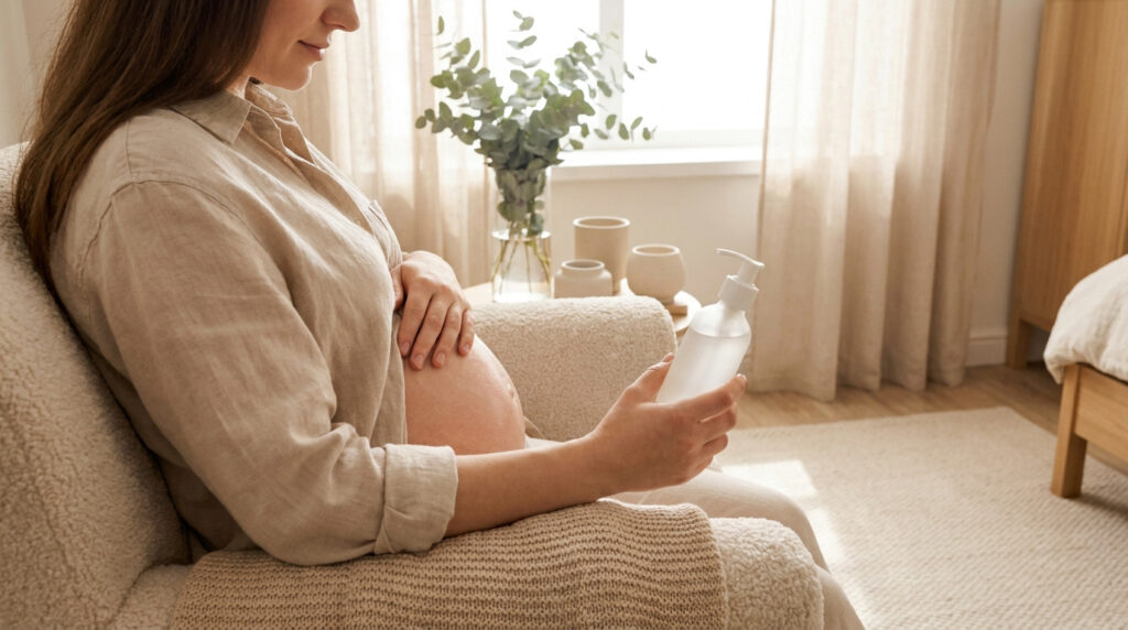 Une femme enceinte assise dans un fauteuil tient un flacon de soin pour la peau dans une pièce lumineuse et zen.