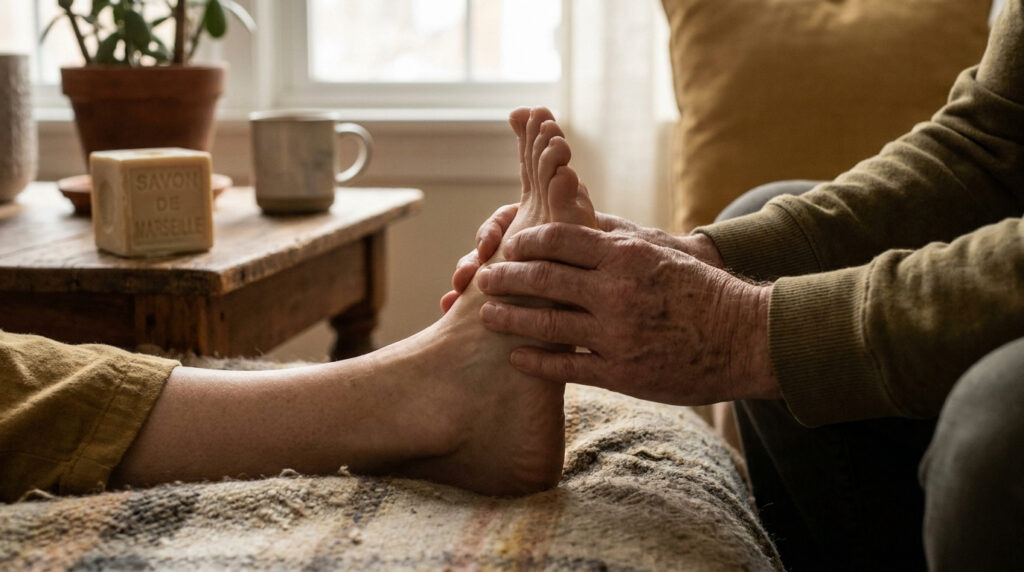 Une personne masse le pied d'une autre personne pour soulager une crampe dans un intérieur chaleureux.