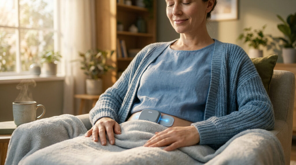 Une femme détendue utilise un appareil d'électrostimulation sur son ventre pour soulager les douleurs de règles.