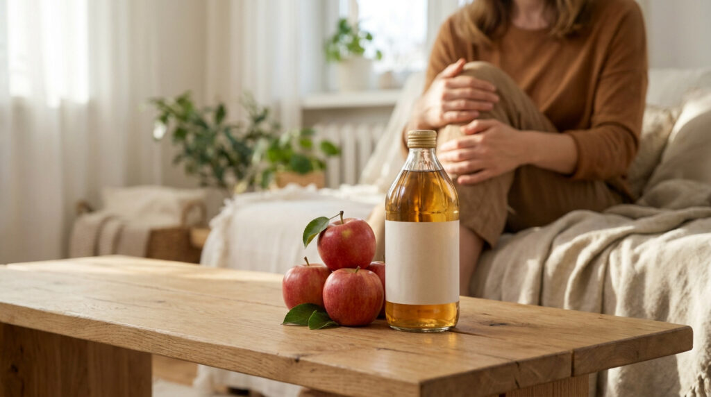 Bouteille de vinaigre de cidre et pommes sur une table en bois devant une personne se tenant le genou.