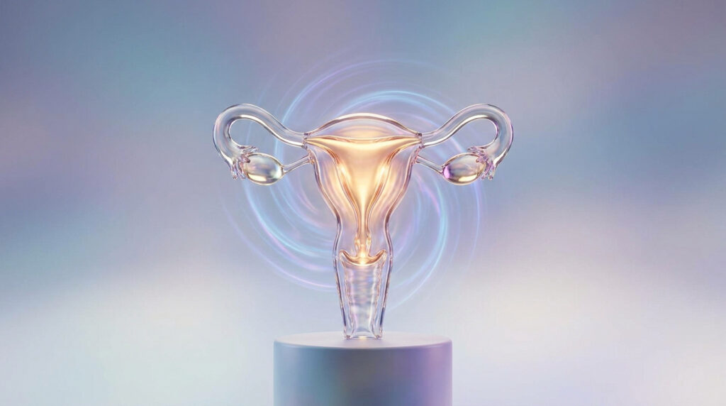 Représentation 3D en verre d'un utérus humain sur un socle avec une lumière tourbillonnante en arrière-plan.