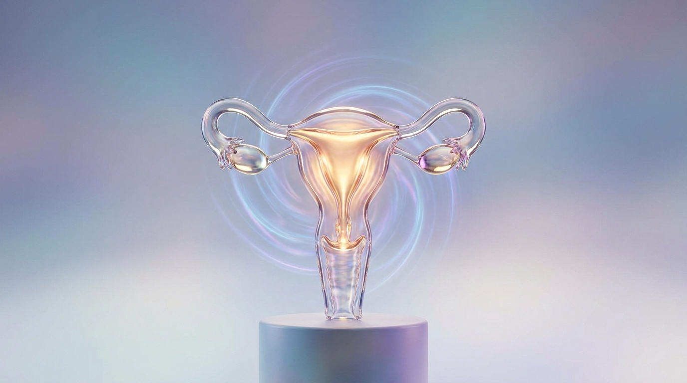 Représentation 3D en verre d'un utérus humain sur un socle avec une lumière tourbillonnante en arrière-plan.