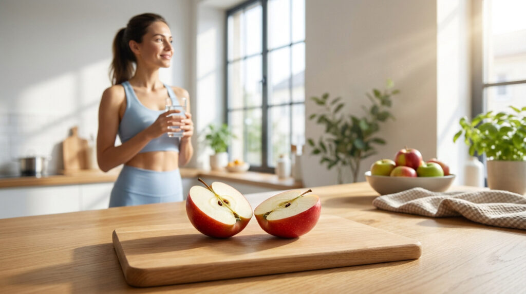 Une femme en tenue de sport avec un verre d'eau et une pomme coupée en deux sur une planche en bois dans une cuisine.