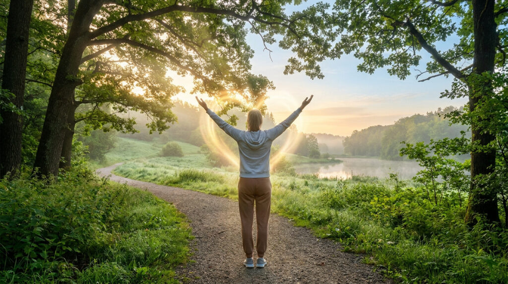 Une personne debout sur un chemin forestier, bras levés vers une forme de cœur lumineuse dans le ciel du matin.