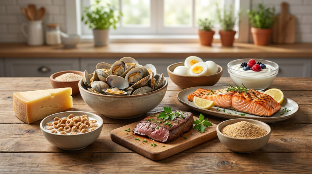 Assortiment d'aliments riches en vitamine B12 sur une table en bois : palourdes, saumon, viande, œufs, yaourt et céréales.