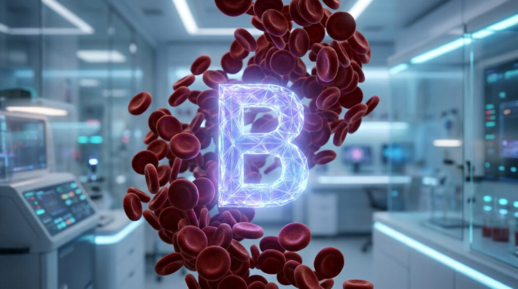 Une lettre B lumineuse entourée de globules rouges en 3D dans un laboratoire médical moderne.