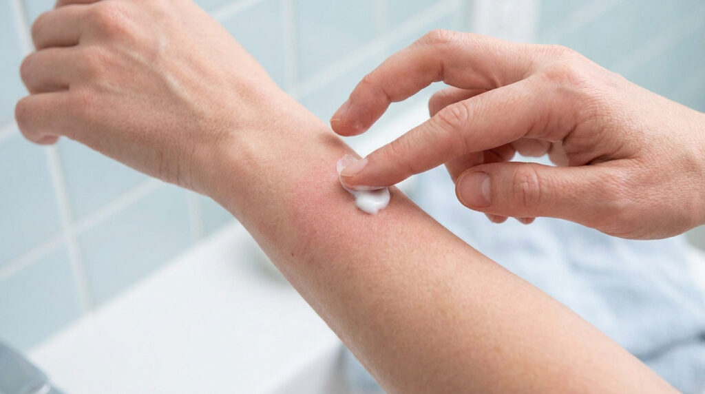 Une main applique une crème blanche sur une zone de peau rougie et enflammée sur l'avant-bras.