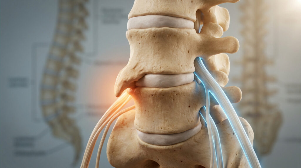 Illustration médicale 3D montrant une excroissance osseuse au niveau de la vertèbre L5-S1 comprimant un nerf.