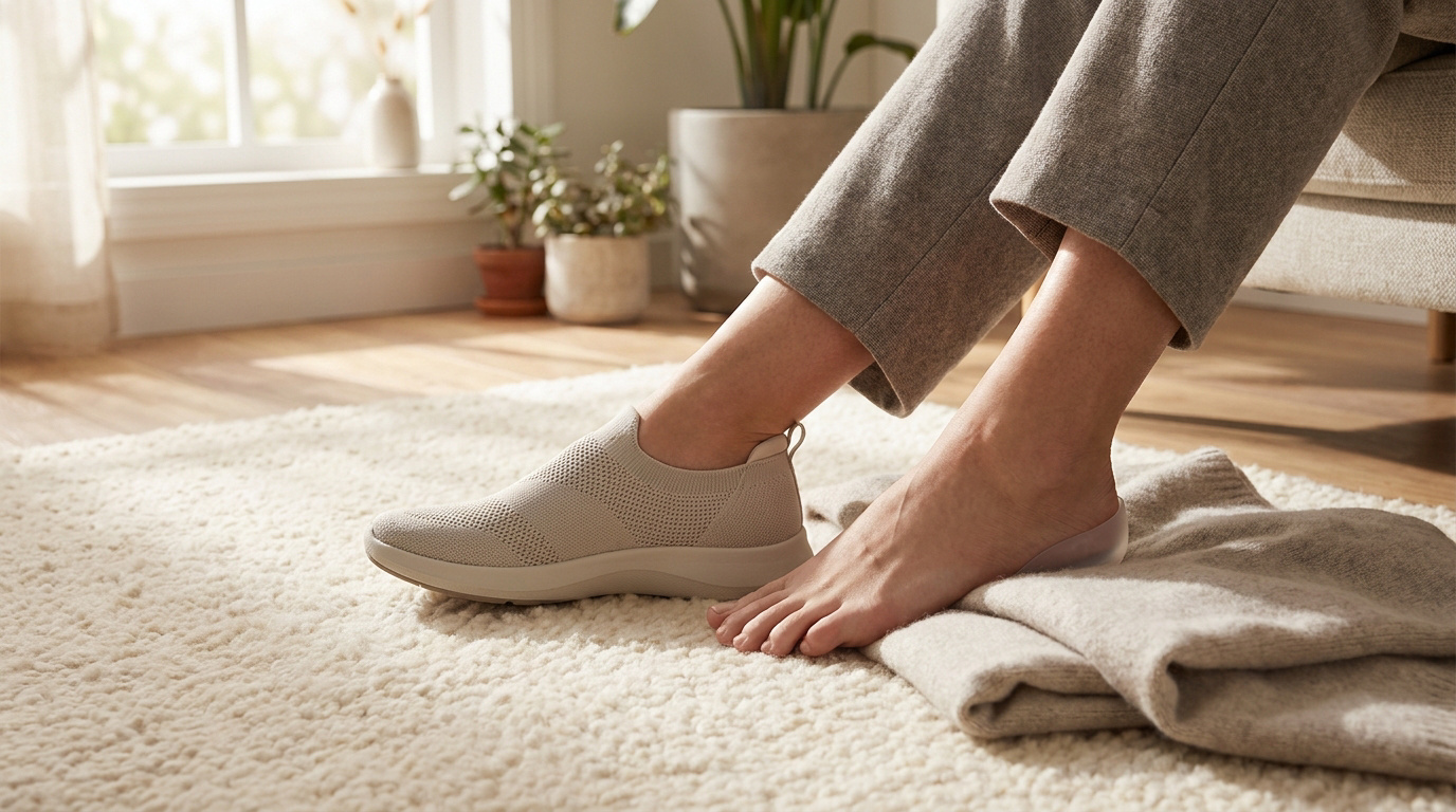 Une personne assise porte une chaussure orthopédique confortable tandis que son autre pied nu repose sur un plaid.