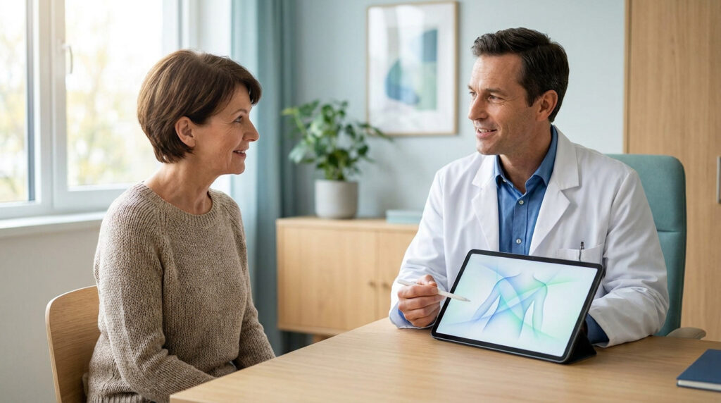 Un médecin montre une tablette avec une image anatomique à une patiente durant une consultation.