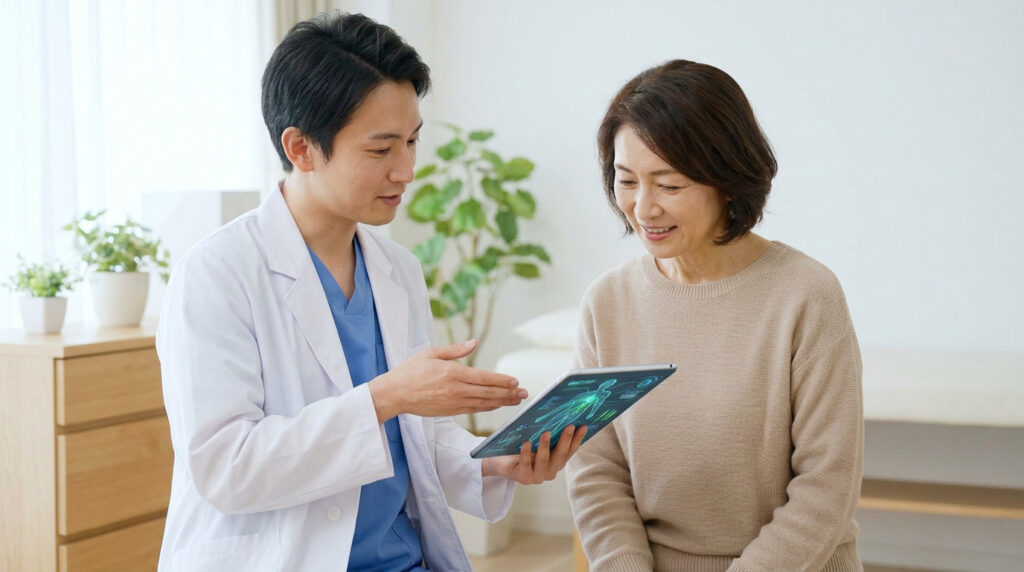 Un médecin présente un diagnostic médical sur une tablette à une patiente dans un cabinet moderne.