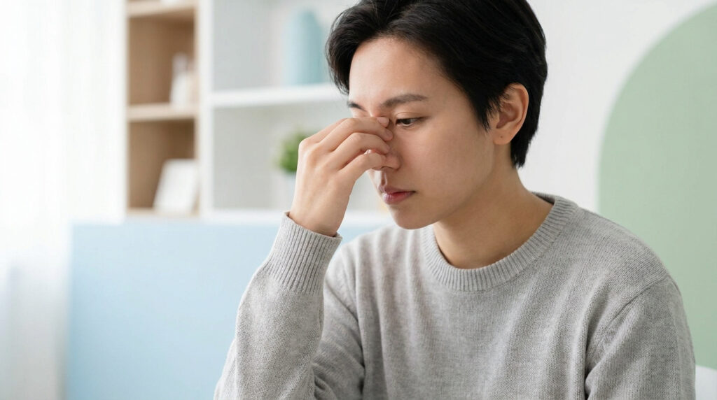 Une personne touche son nez avec une expression préoccupée, évoquant des problèmes de santé nasale.