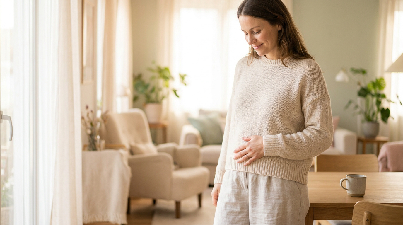 Une femme enceinte souriante caresse tendrement son ventre dans un salon lumineux et chaleureux.
