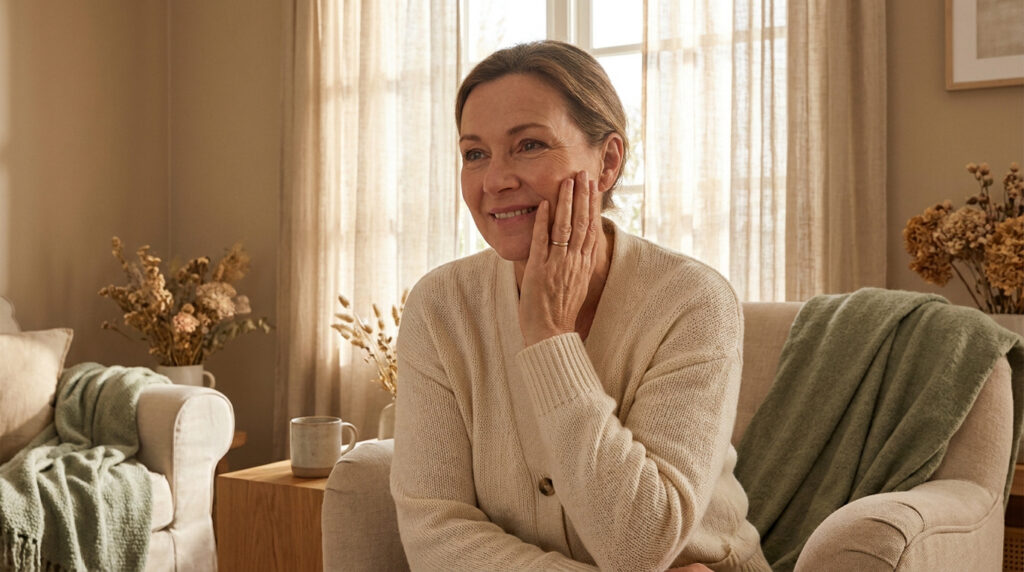 Femme d'âge mûr souriante, assise dans un salon lumineux, touchant doucement sa joue avec la main.
