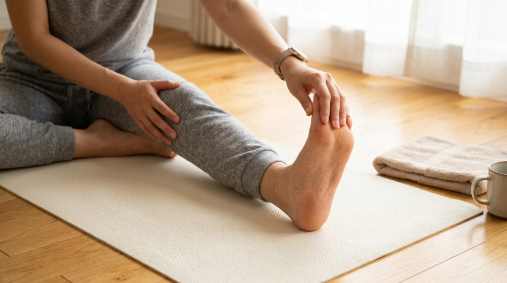 Une personne assise sur un tapis de yoga étire ses orteils pour soulager une douleur au pied.